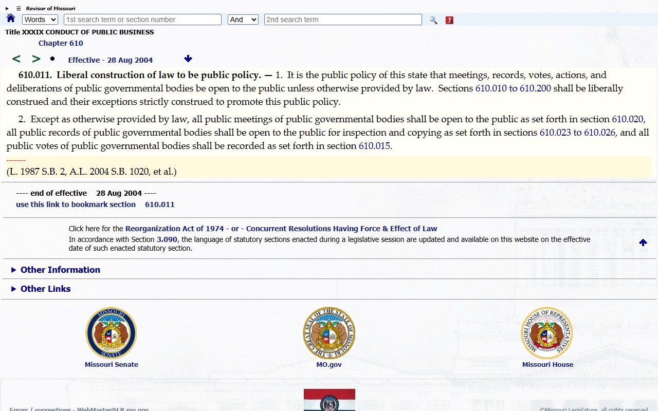Warren County court dockets Missouri public records policy statute