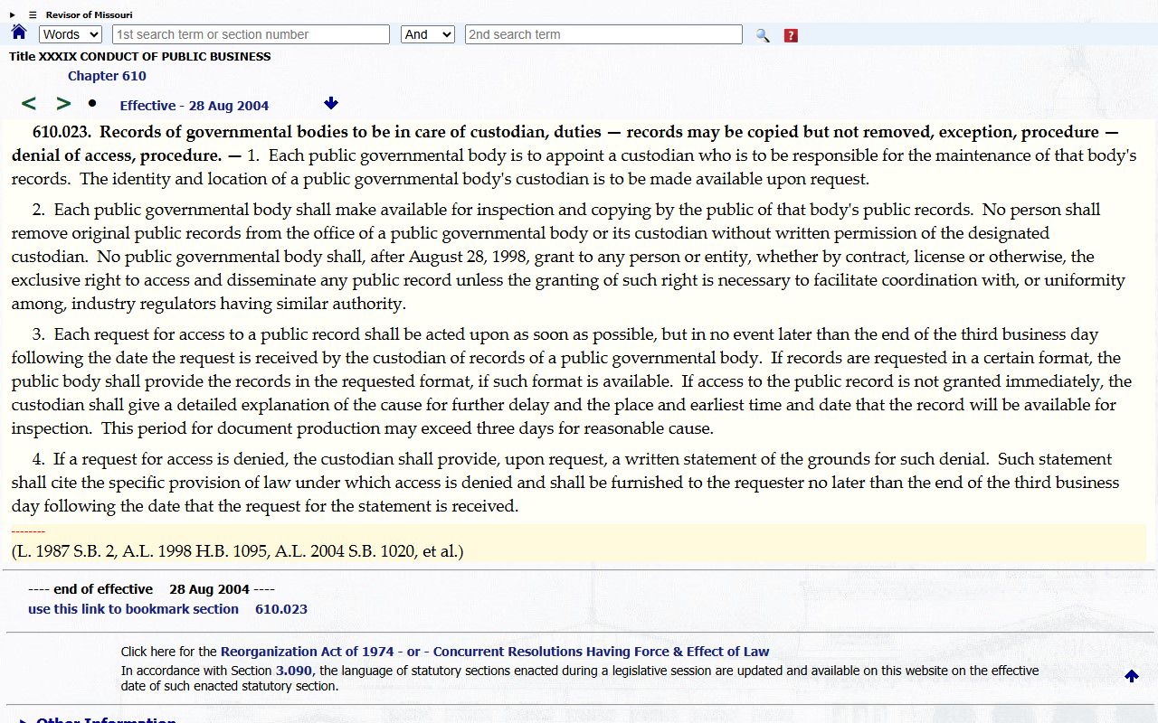 Warren County court dockets Missouri records custodian statute