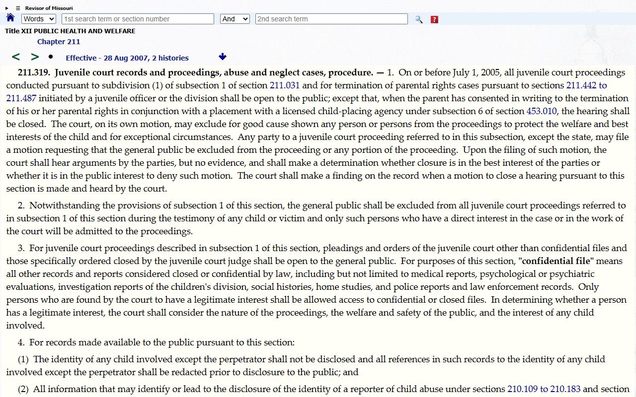 Warren County criminal court records Missouri juvenile confidentiality statute